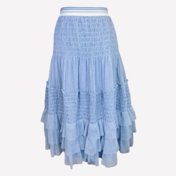 Anthropologie Maeve Blue Swiss Dot Mesh Tulle Tiered Ruffle Midi Skirt Size XL - Picture 2 of 9